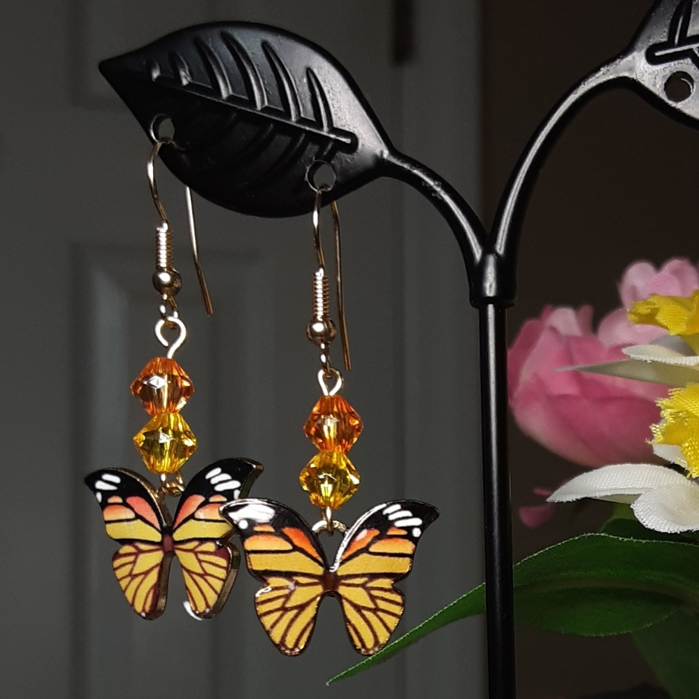 Handmade Butterfly Earrings Orange Black